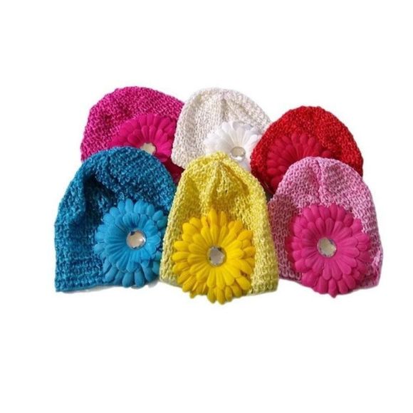 Baby Infant Girls Beanie Hat Cap - Rhinestone Flower 0-12 Months White - Picture 2 of 2